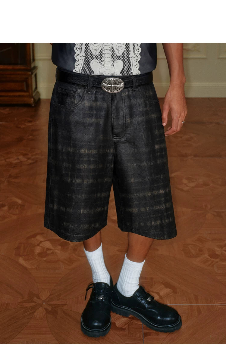 Waxed Patchwork Plaid Cropped Shorts