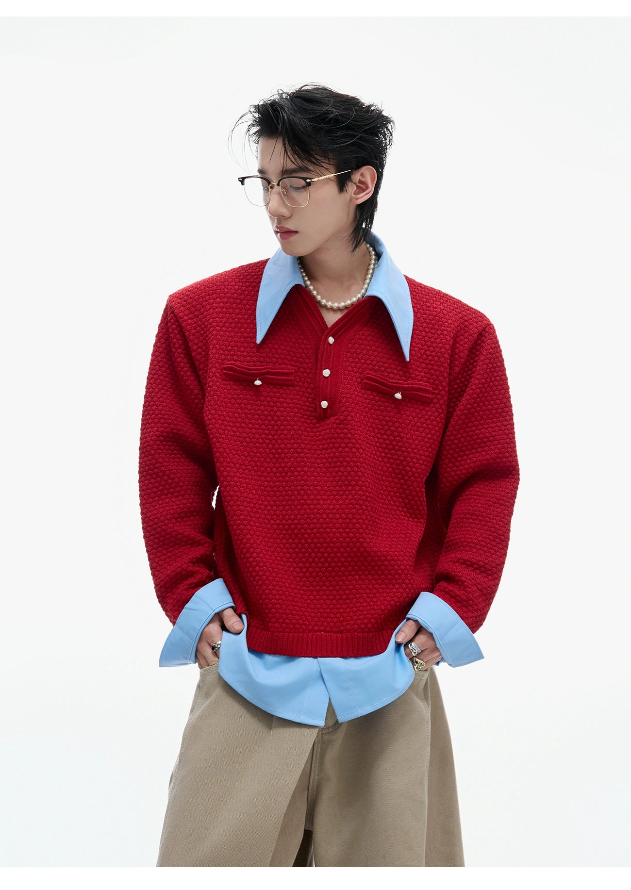 【25s Sep.】Textured Mock Two-piece Shirt Stitching Sweater