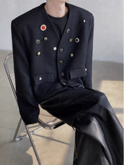 Black Collarless Button-Detail Cropped Jacket