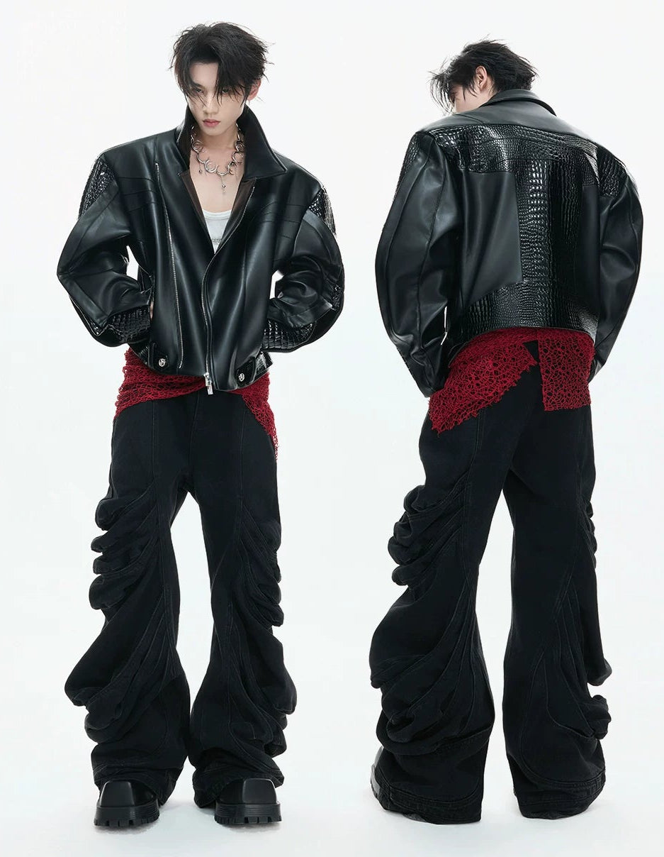 【26s Feb.】Deconstructed Croc-Embossed Asymmetric Zip Leather Jacket