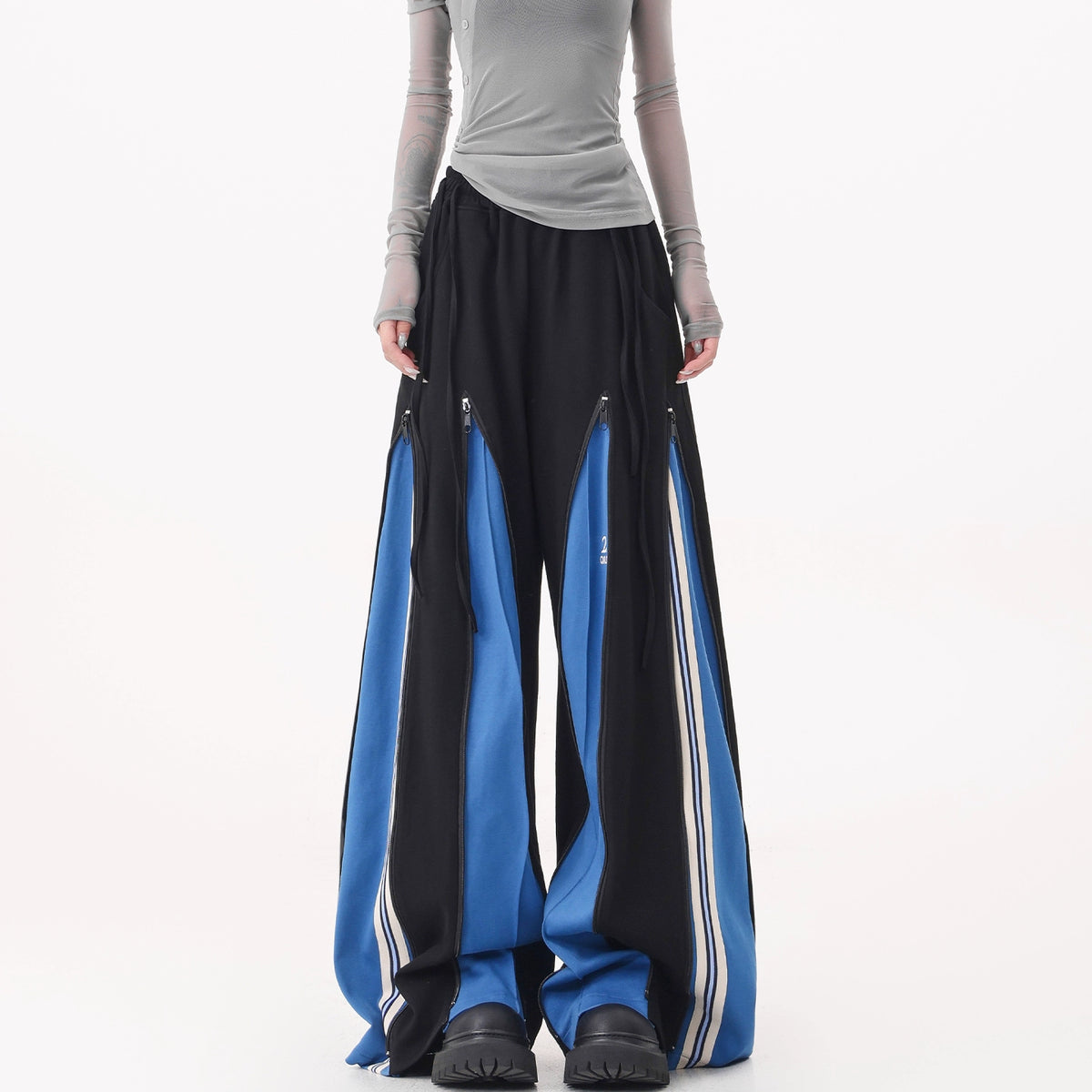【25s Jul.】Blue Vintage Patchwork Sporty Wide-Leg Trousers