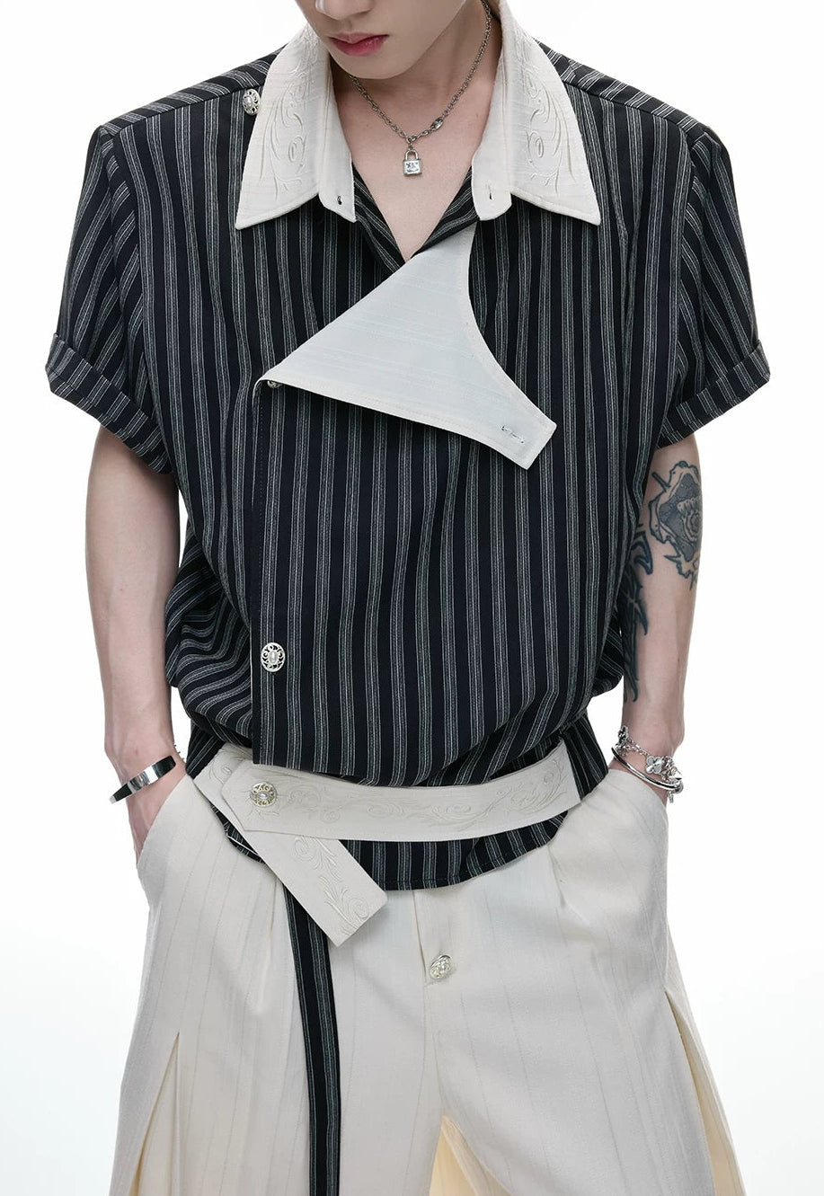 Embroidered Asymmetric Stripe Shirt Tee