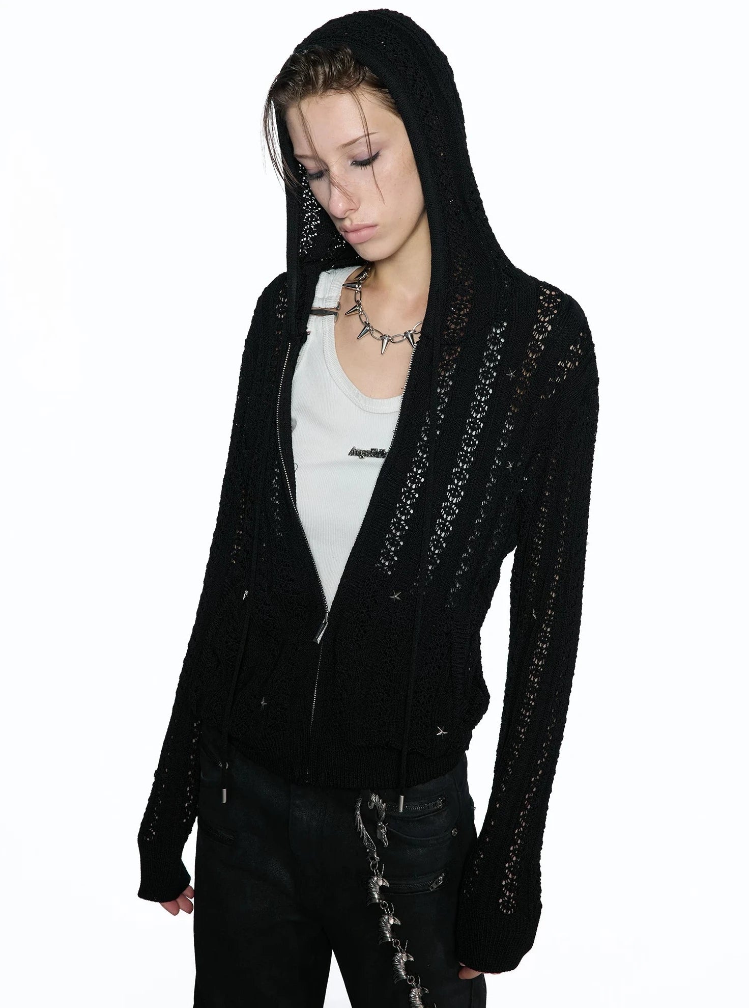 Slim Hollow-Out Star Studded Hooded Knit Zip Cardigan