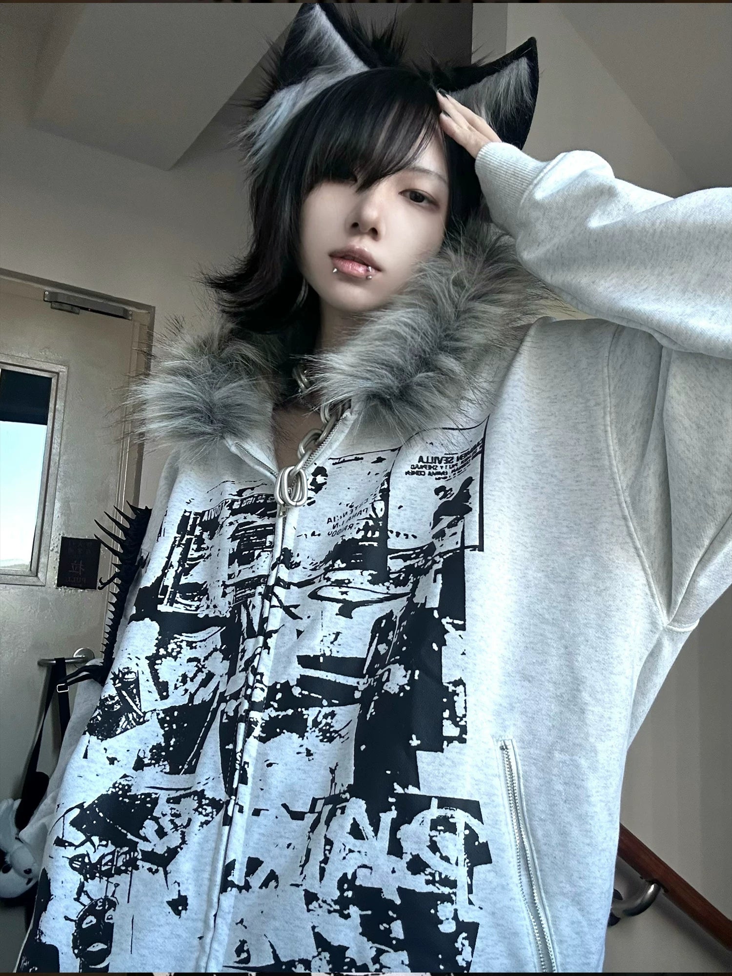 【26s Jan.】Vintage Printed Fur-Trim Zip-Up Hoodie Jacket