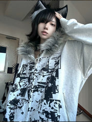 【26s Jan.】Vintage Printed Fur-Trim Zip-Up Hoodie Jacket