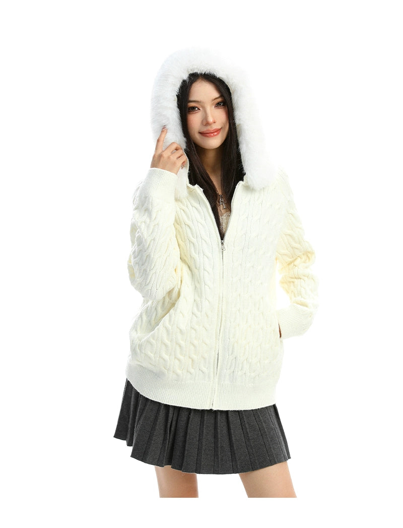 【25s Dec.】Detachable Fur Collar Cable Knit Hooded Sweater
