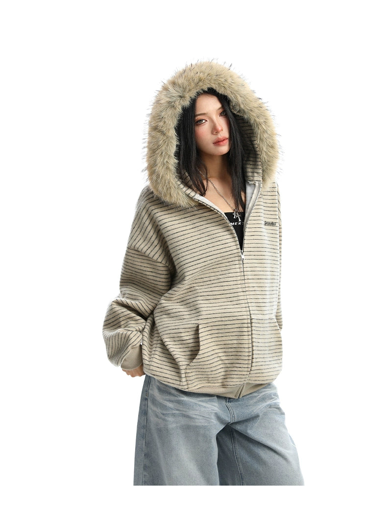 【25s Nov.】Striped Detachable Fur Collar Hooded Sweatshirt