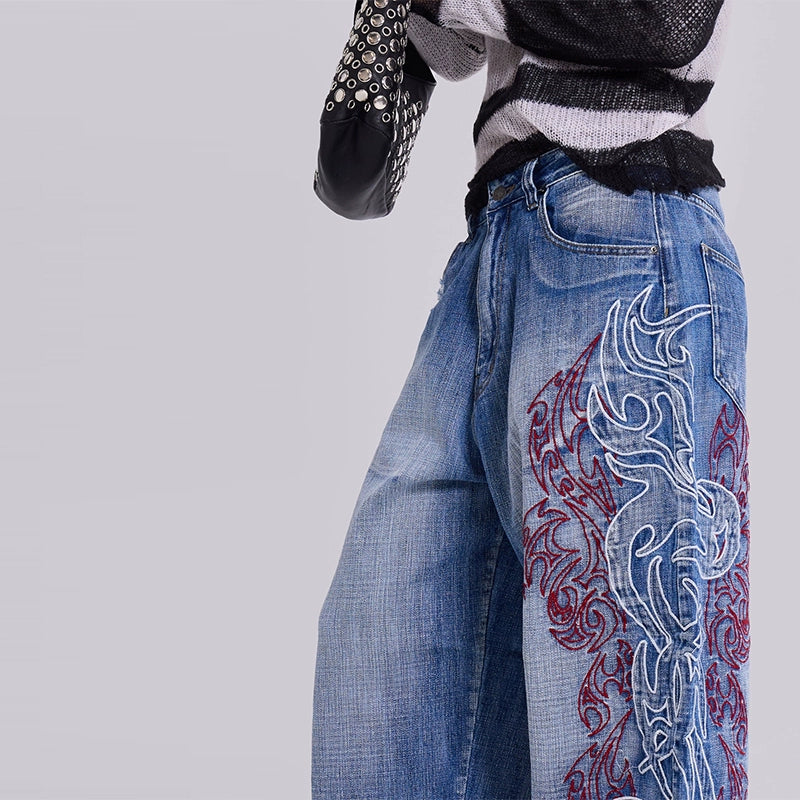 【25s Aug.】Embroidered Totem Mid-Rise Wide-Leg Jeans