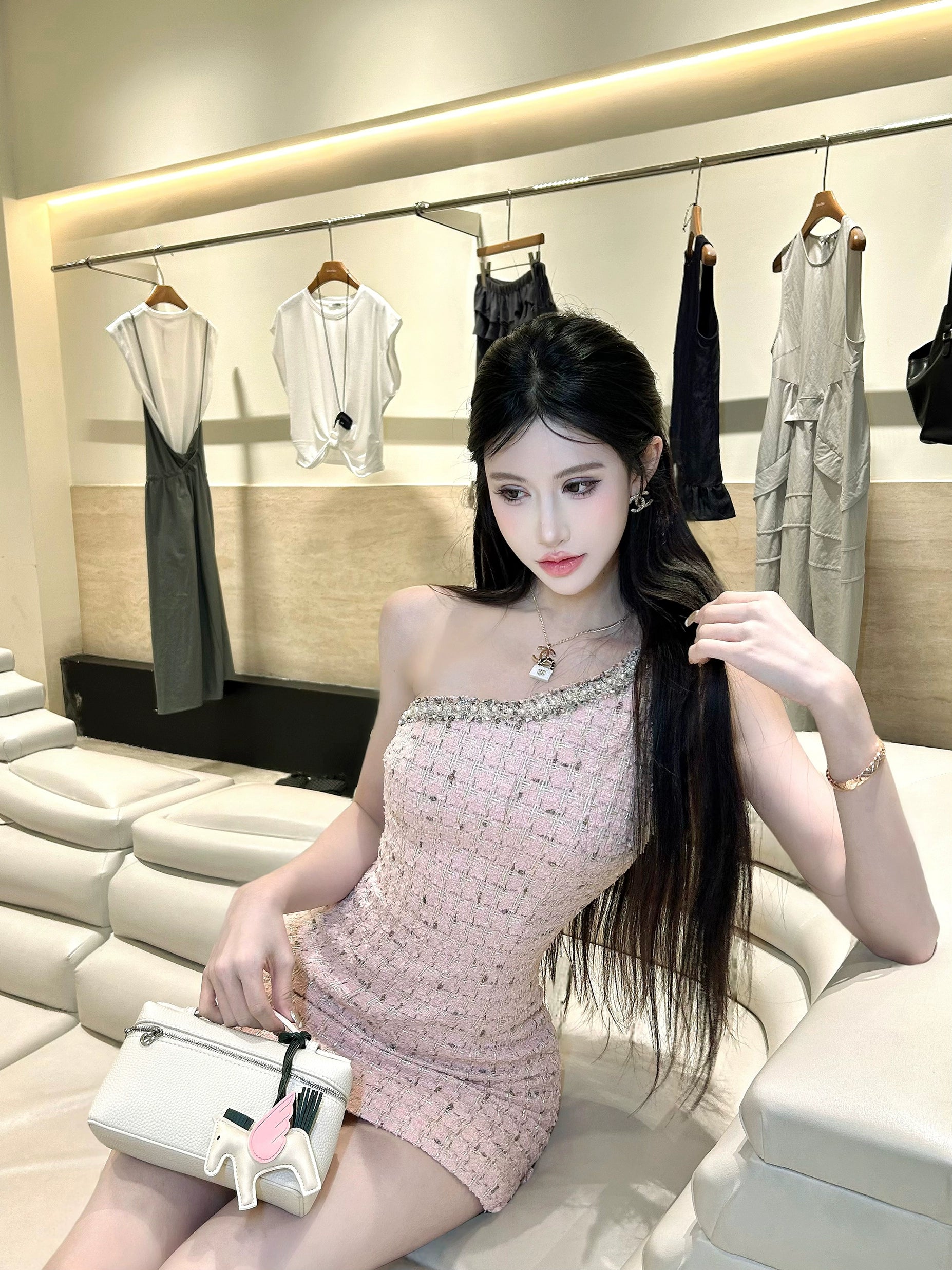 【25s Aug.】Chanel Style Off-shoulder Sleeveless Dress