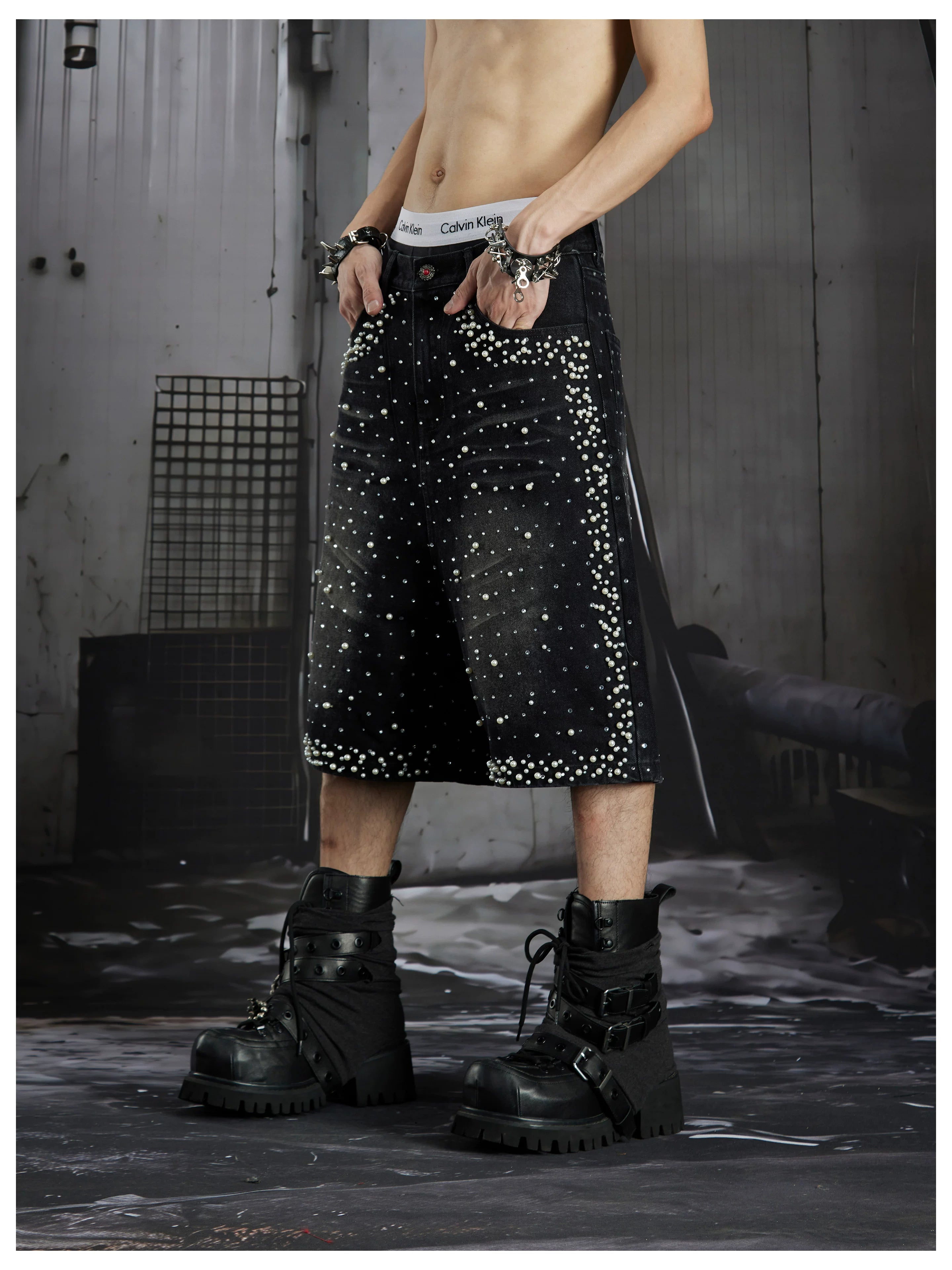 Distressed Studded Denim Cropped Shorts