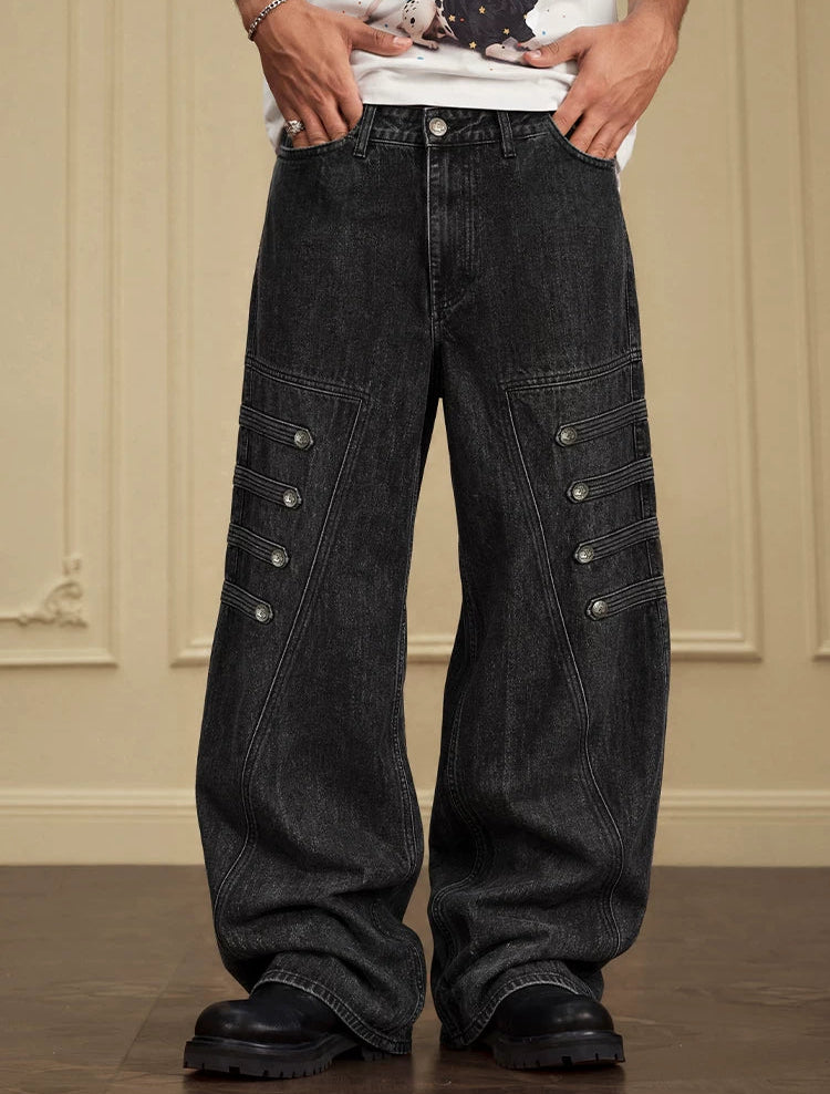 Vintage Washed Wide-Leg Cargo Jeans