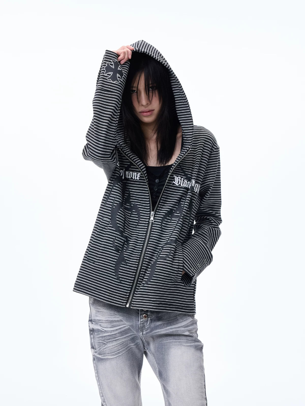 Striped Graphic Cropped Zip Hoodie