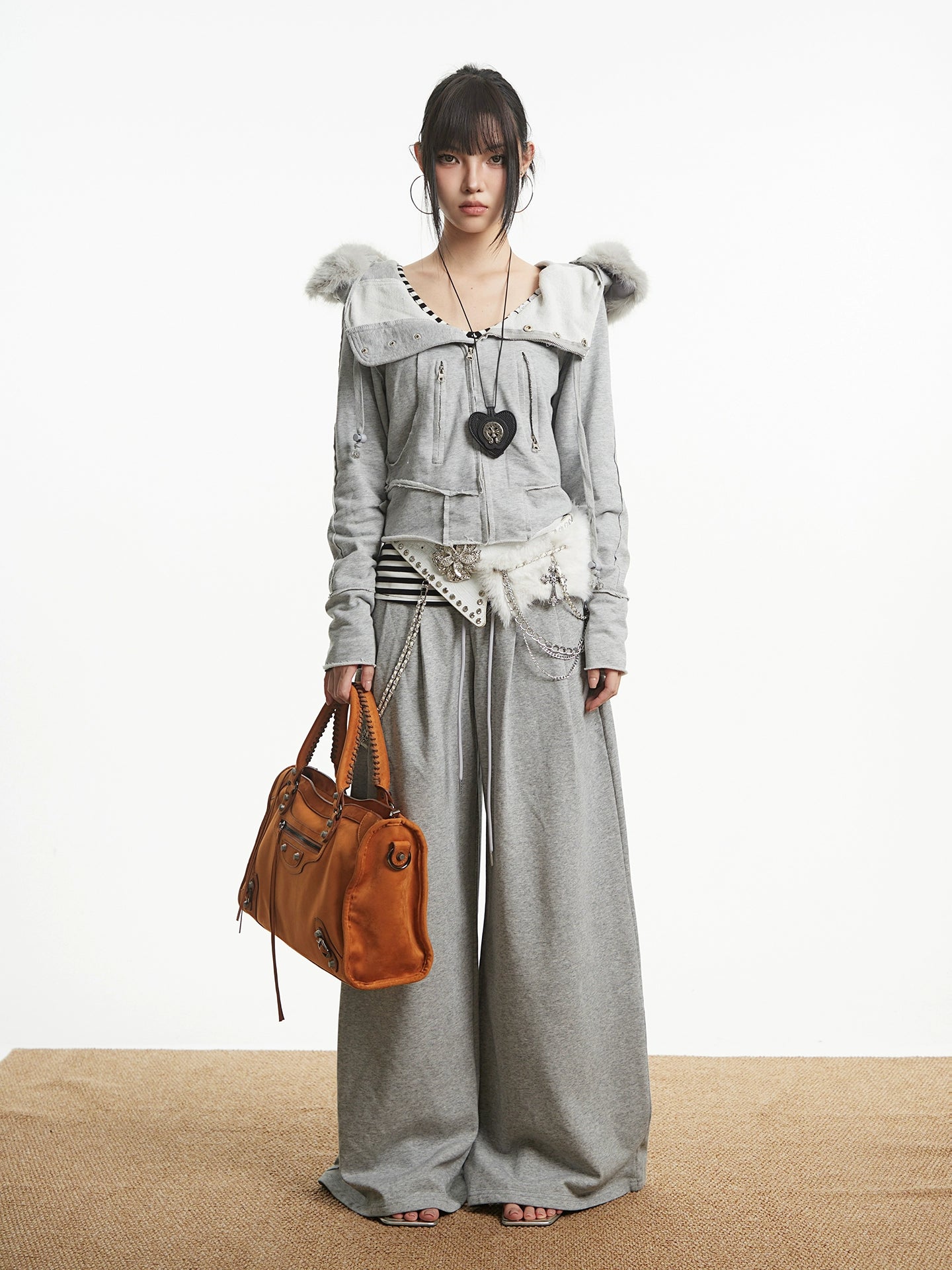 【25s Oct.】Vintage Grey Fur Collar Hooded Sweatshirt