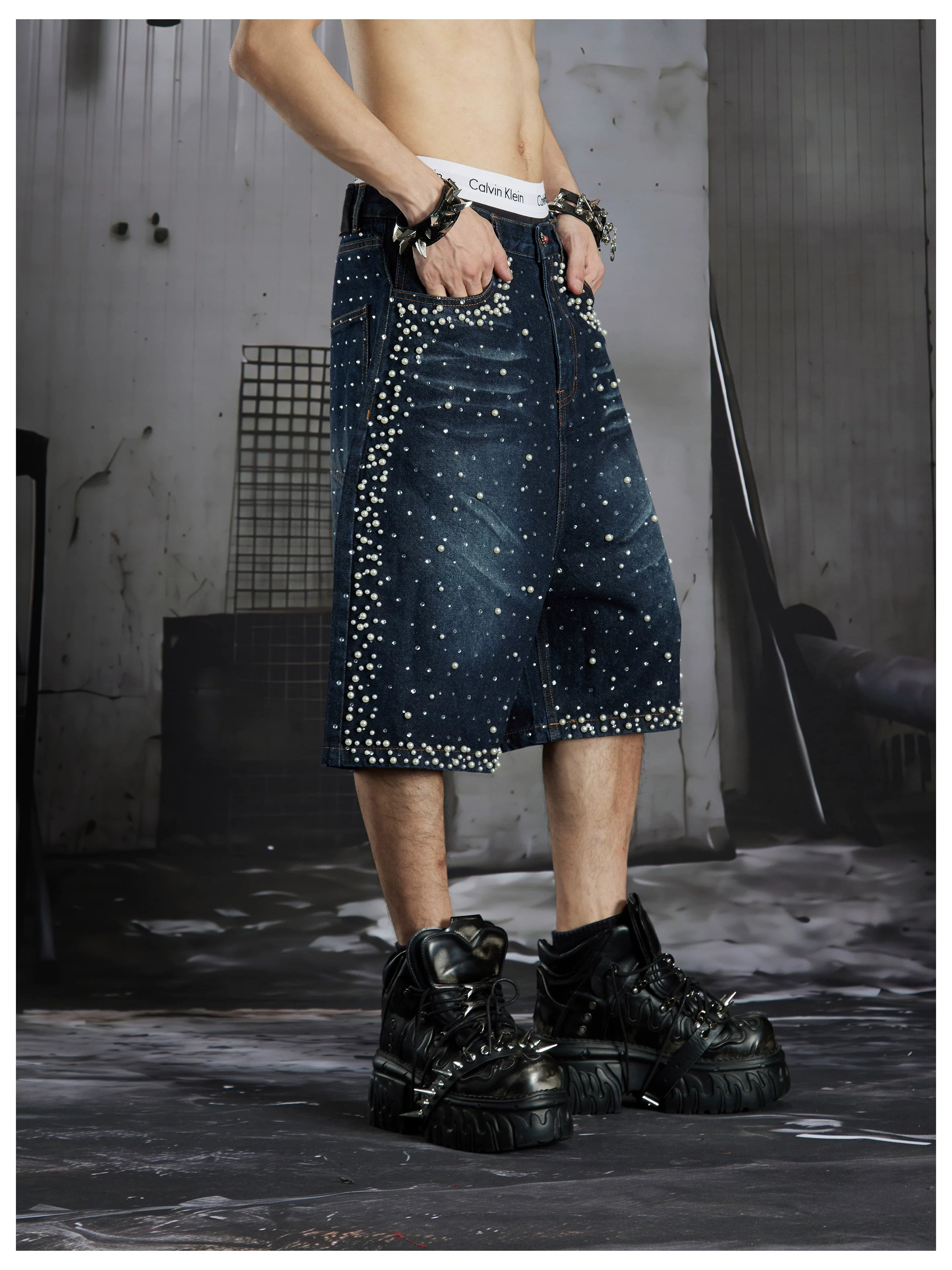 Distressed Studded Denim Cropped Shorts
