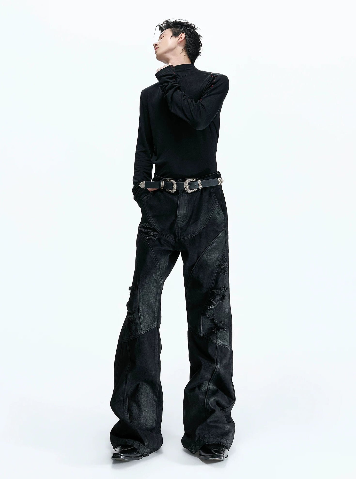 Deconstructed Wax Coated Flared Jeans