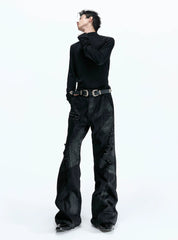 Deconstructed Wax Coated Flared Jeans
