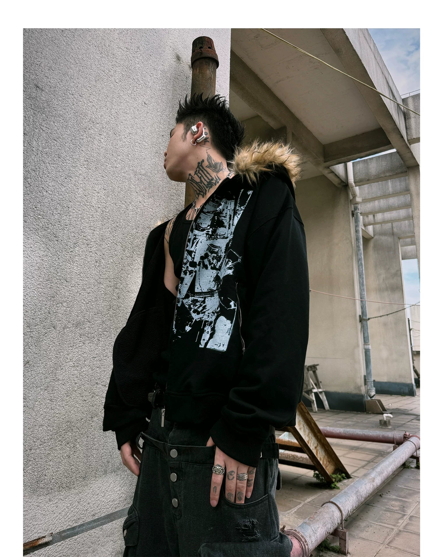 【26s Jan.】Vintage Printed Fur-Trim Zip-Up Hoodie Jacket