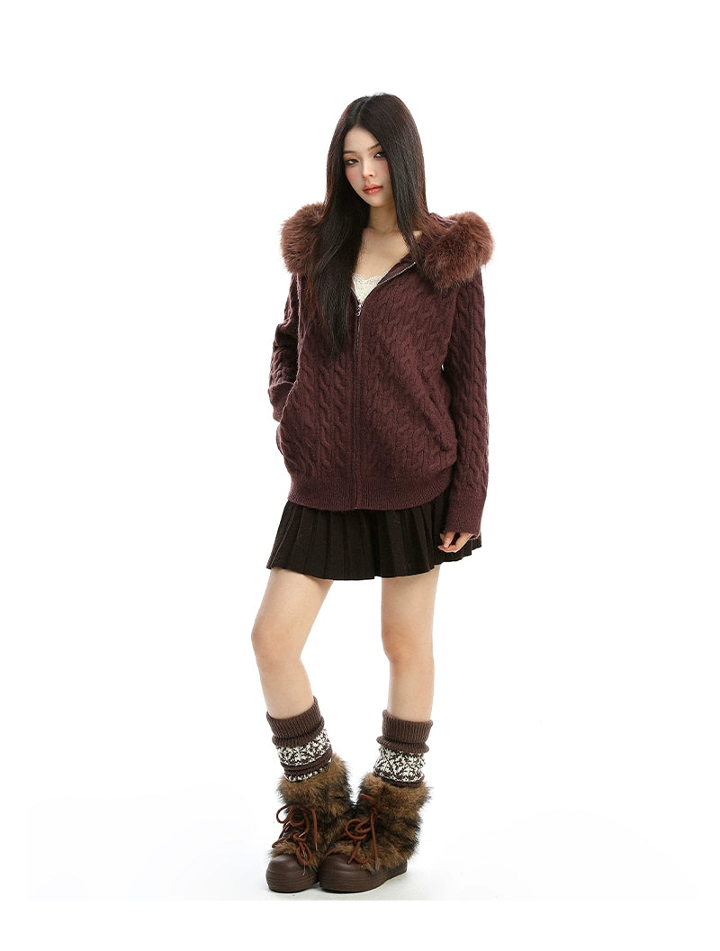 【25s Dec.】Detachable Fur Collar Cable Knit Hooded Sweater