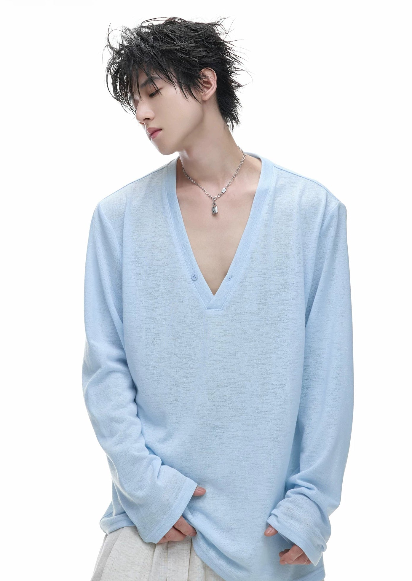 Deep V-Neck Relaxed Long Sleeve Tee