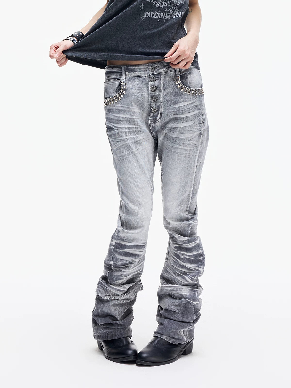 Ice Blue Studded Curved Skinny Jeans