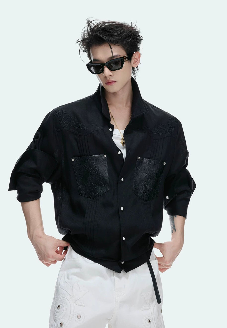 Floral Embroidered Linen Shirt Jacket
