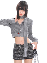 【25s Apr.】Polka Dot Ribbon Tie Casual Long Sleeve Top