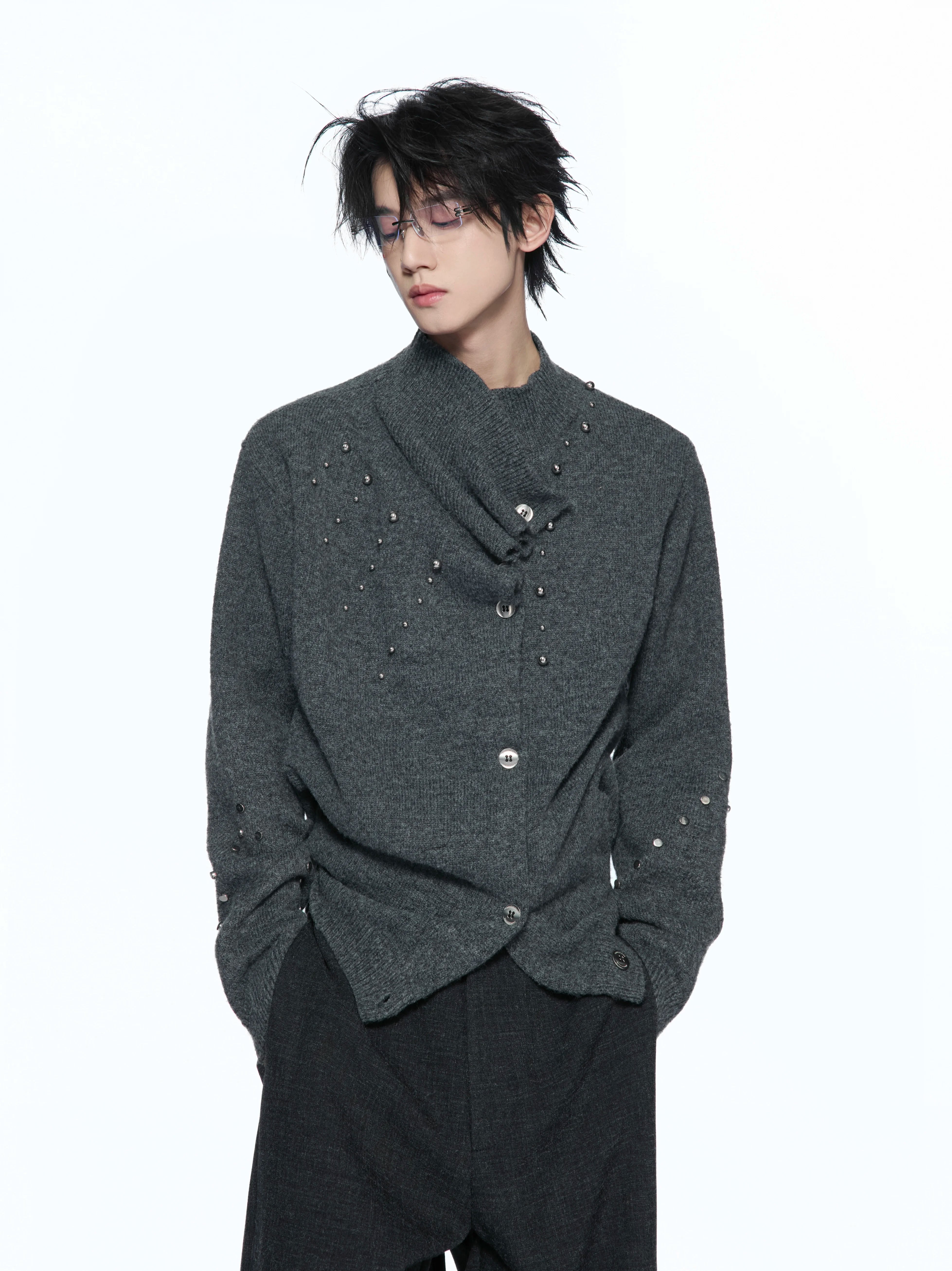 Asymmetric Studded Wool Blend Knit