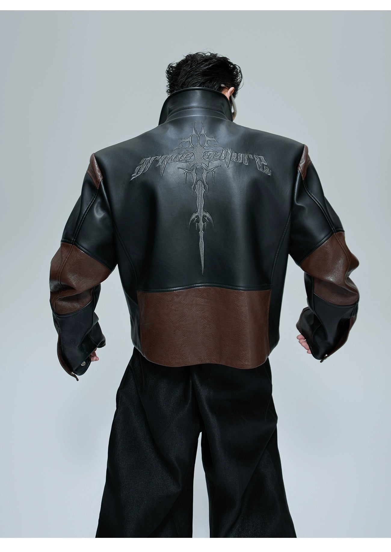 Embroidered Cropped Stand-up Collar Leather Jacket
