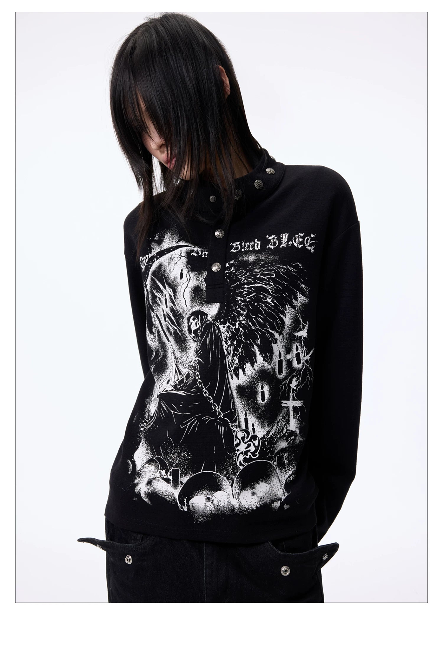 Dark Graphic Button Long Sleeve Tee