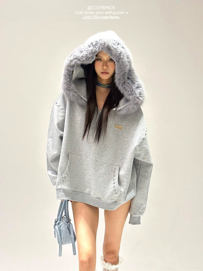 【25s Sep.】Slouchy Fur Collar Cardigan Hoodie