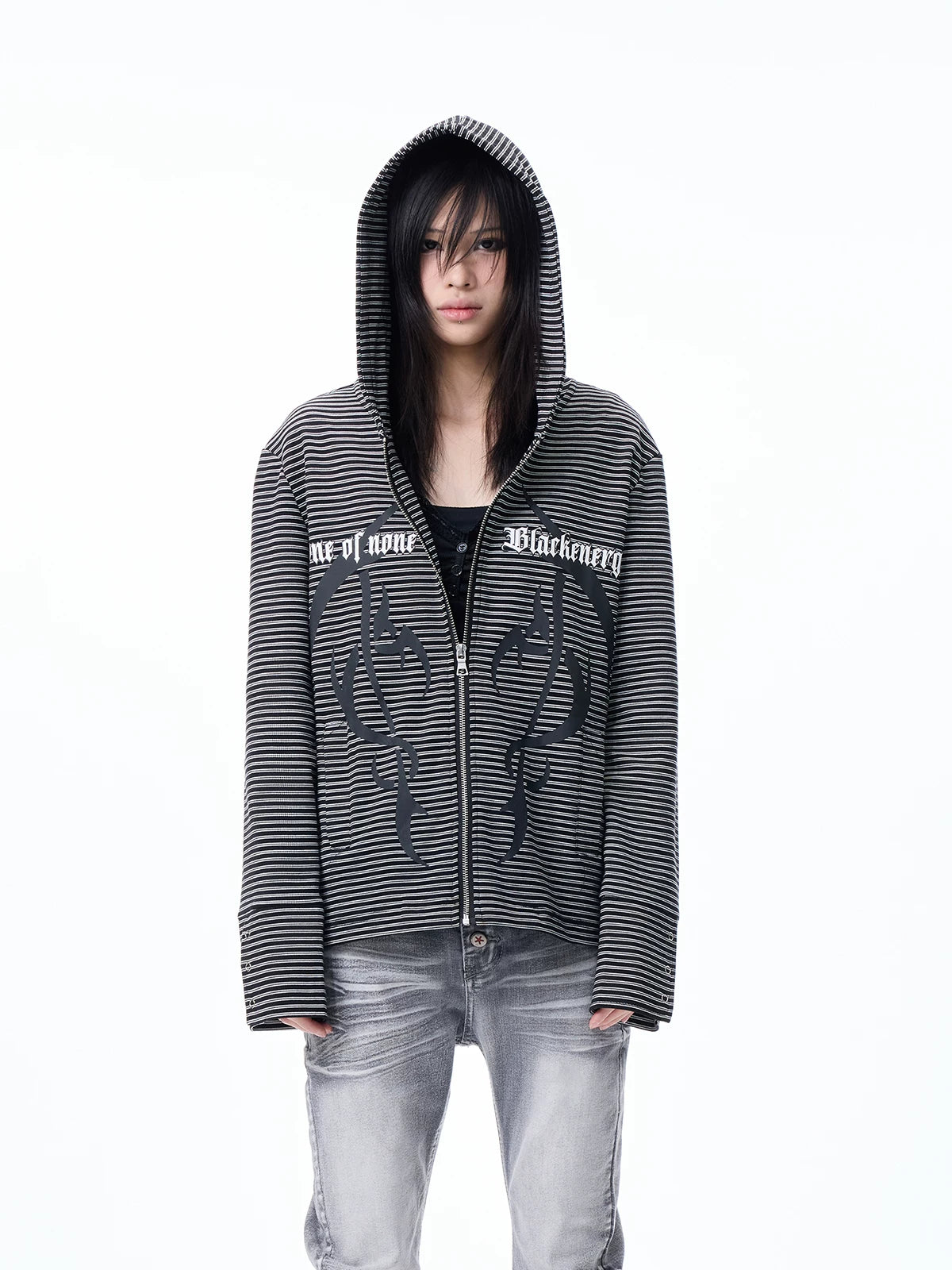 Striped Graphic Cropped Zip Hoodie
