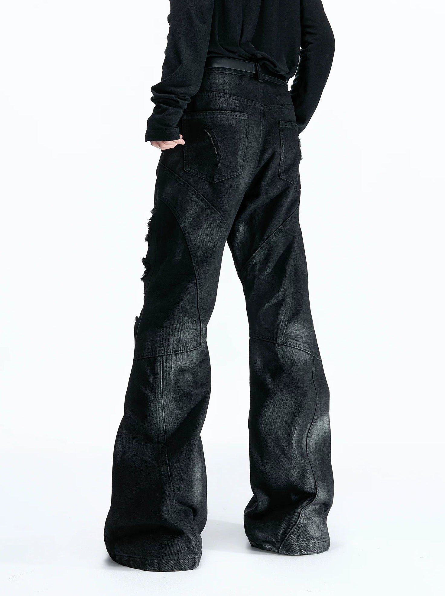 Deconstructed Wax Coated Flared Jeans