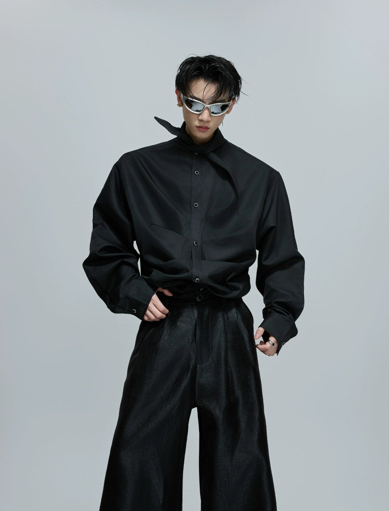 French Neckline Multi-layered Pleated Silk Scarf Shirt