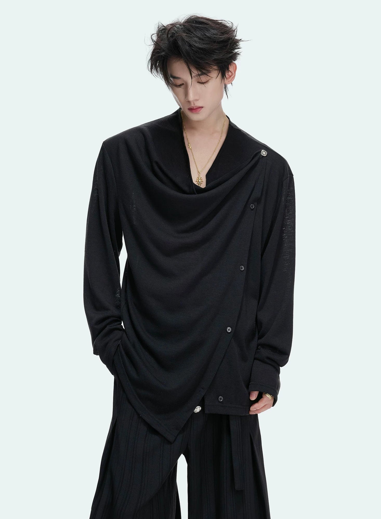 Textured Asymmetric Button Long Sleeve Top