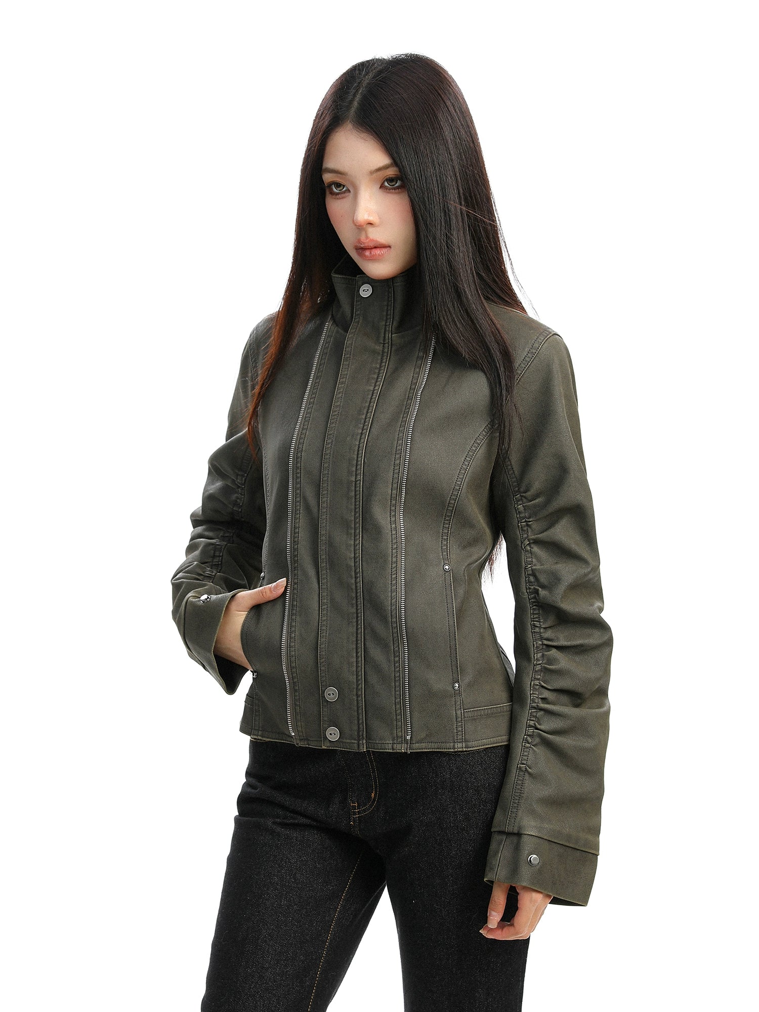 【25s Dec.】Washed Distressed Stand-up Collar Deconstructed Leather Jacket