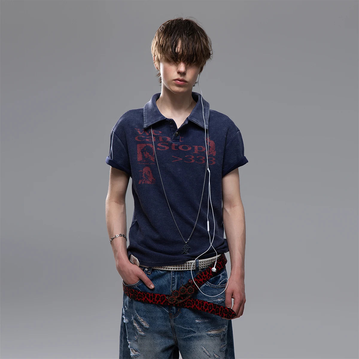 Distressed Waffle Boxy Polo Tee
