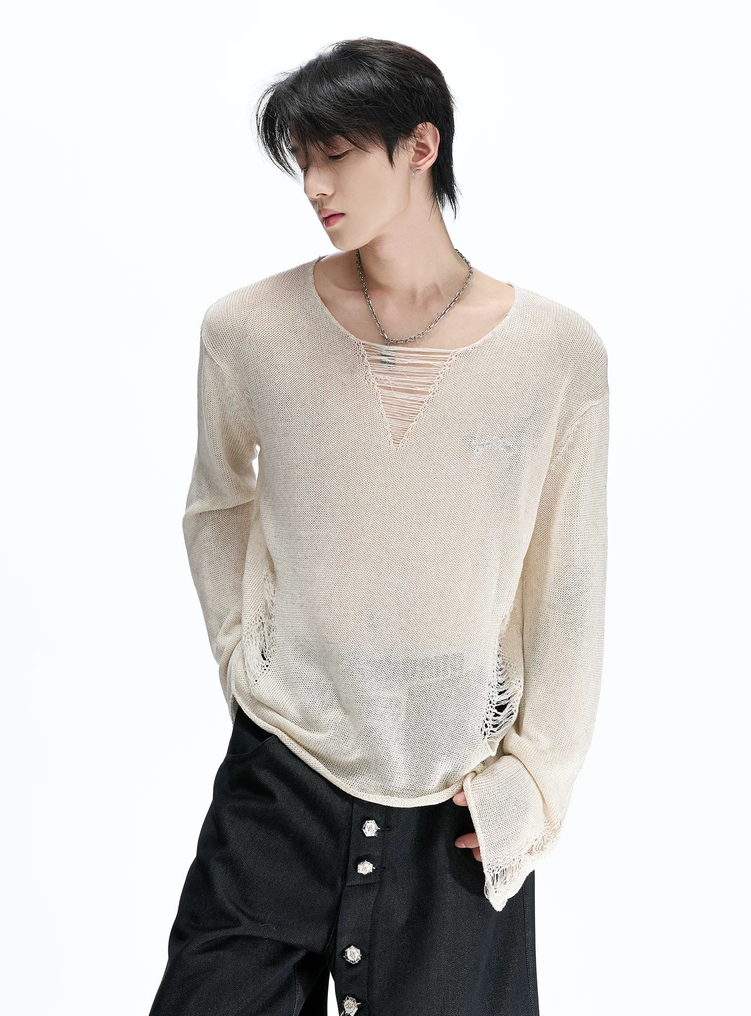 Distressed Mesh V-Neck Knit Top