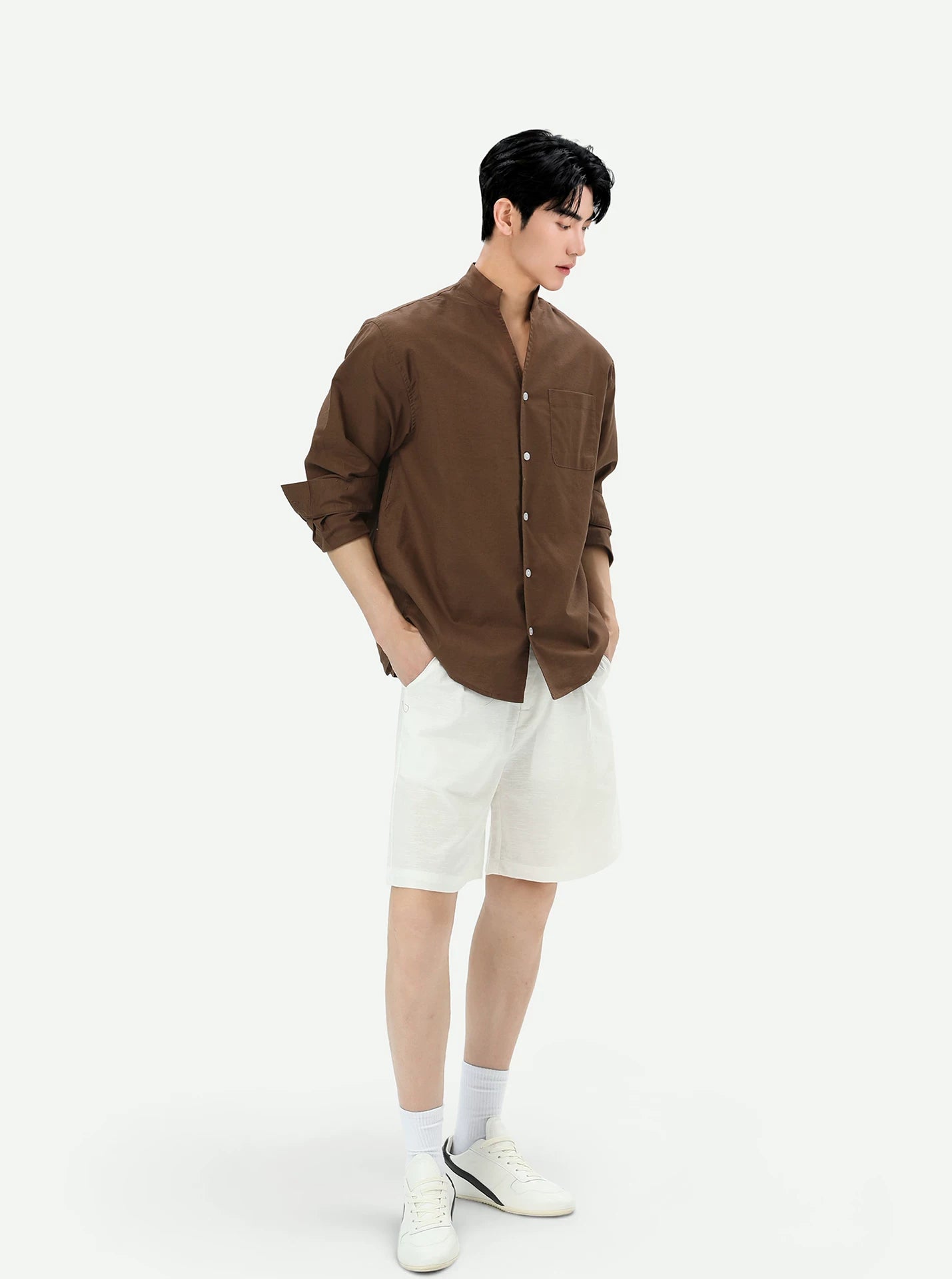 Stand Collar Linen-Texture Shirt