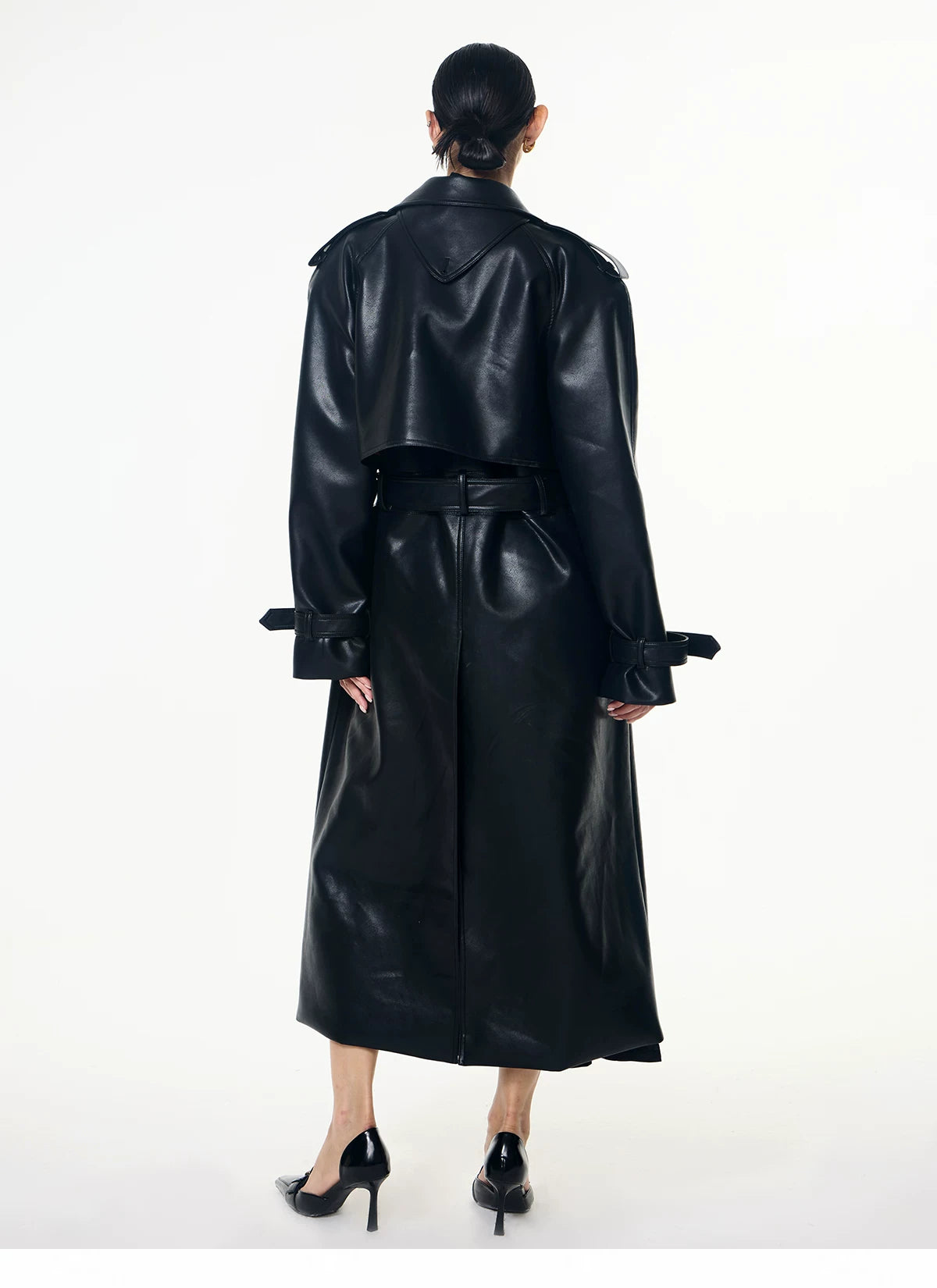 【26s May】Deconstructed PU Leather Double-Breasted Trench Coat