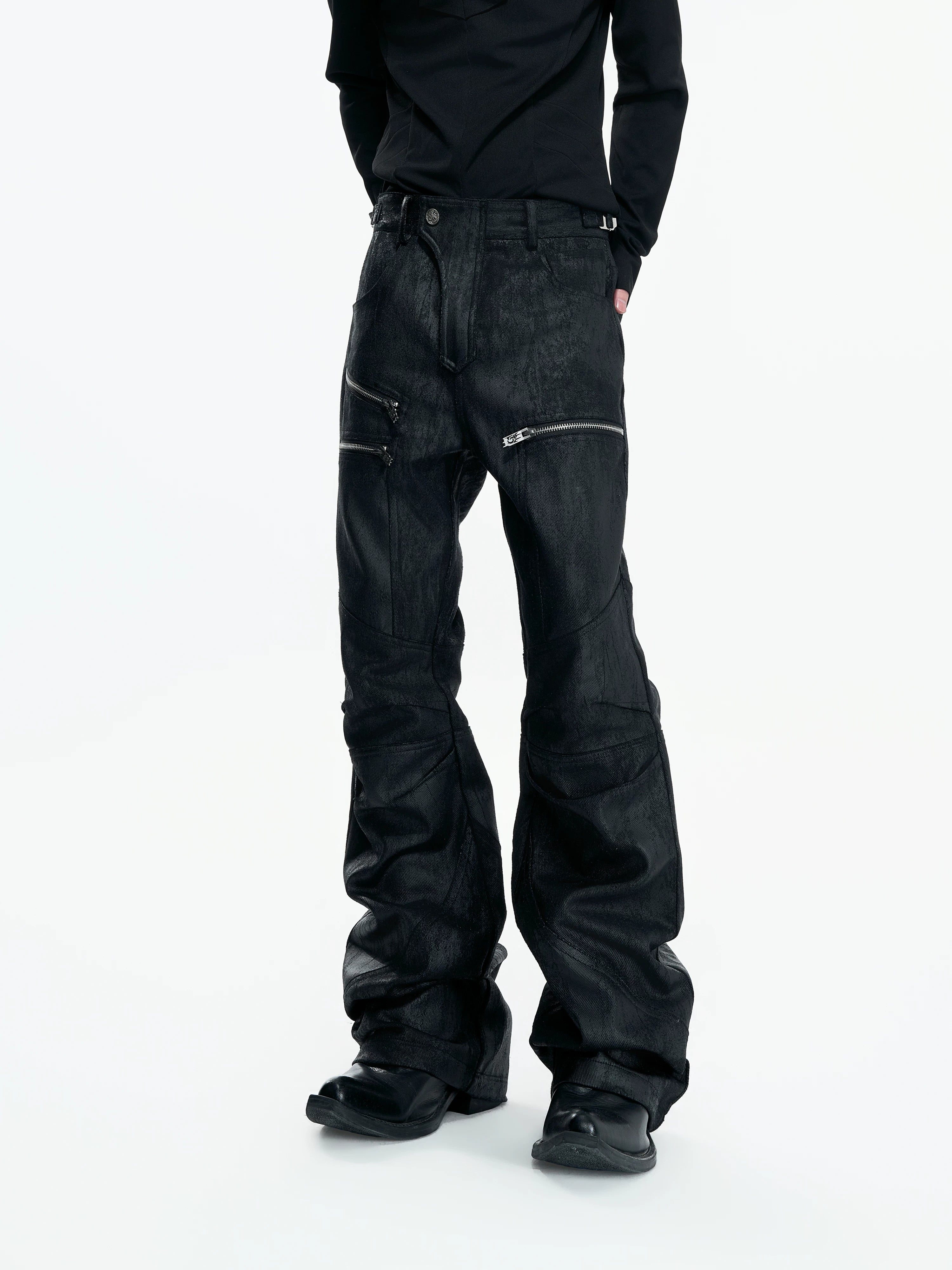 【26s May】Waxed Distressed Zip Panel Straight Denim Pants