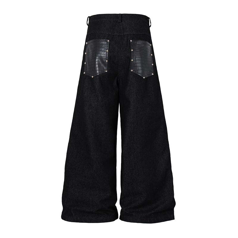 Studded Patchwork Washed Wide-Leg Denim Pants
