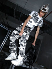 Waxed Camo Curved Flared Pants
