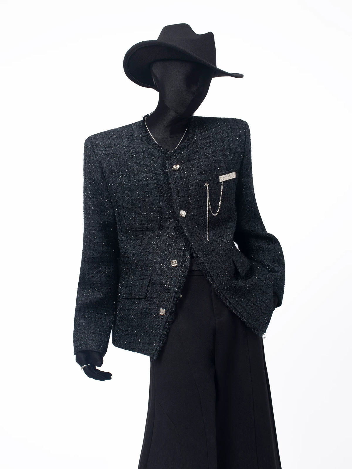 Frayed Trim Cropped Tweed Jacke