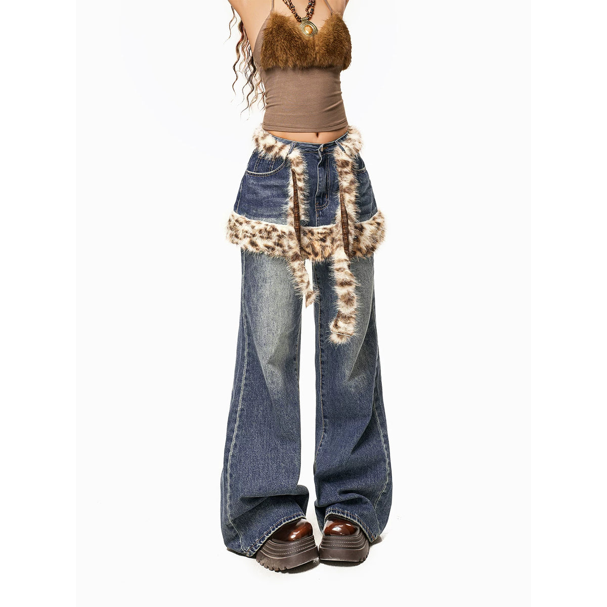 【26s Jan.】Leopard Faux-Layer Fur Panel Wide-Leg Denim Pants