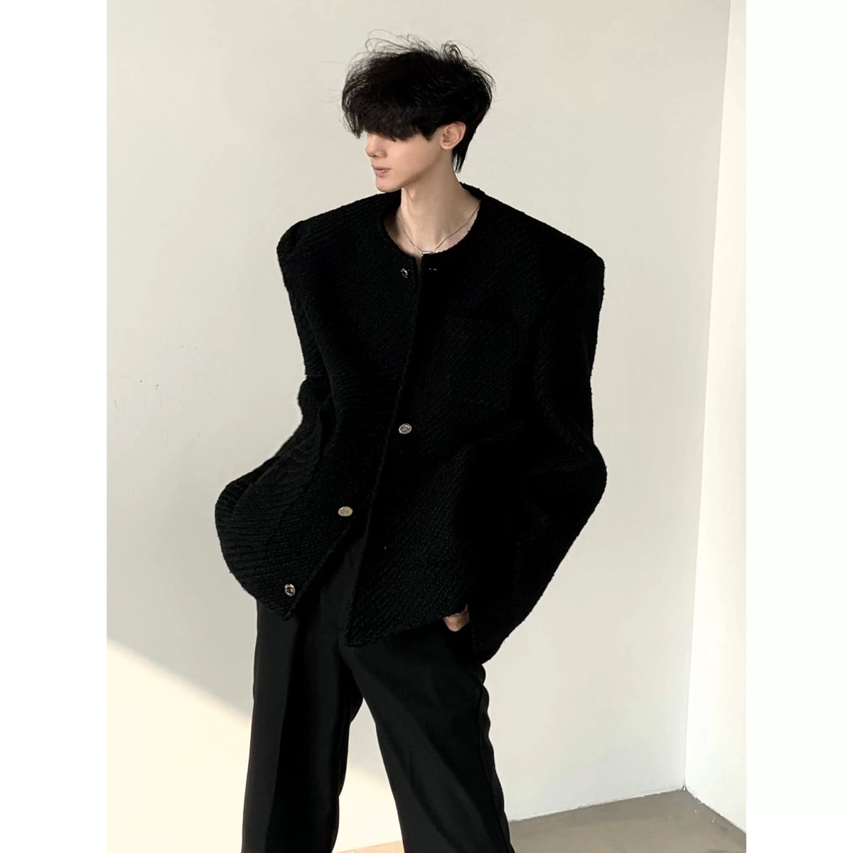 【25s Jul.】White Tweed Collarless Shoulder-Pad Jacket