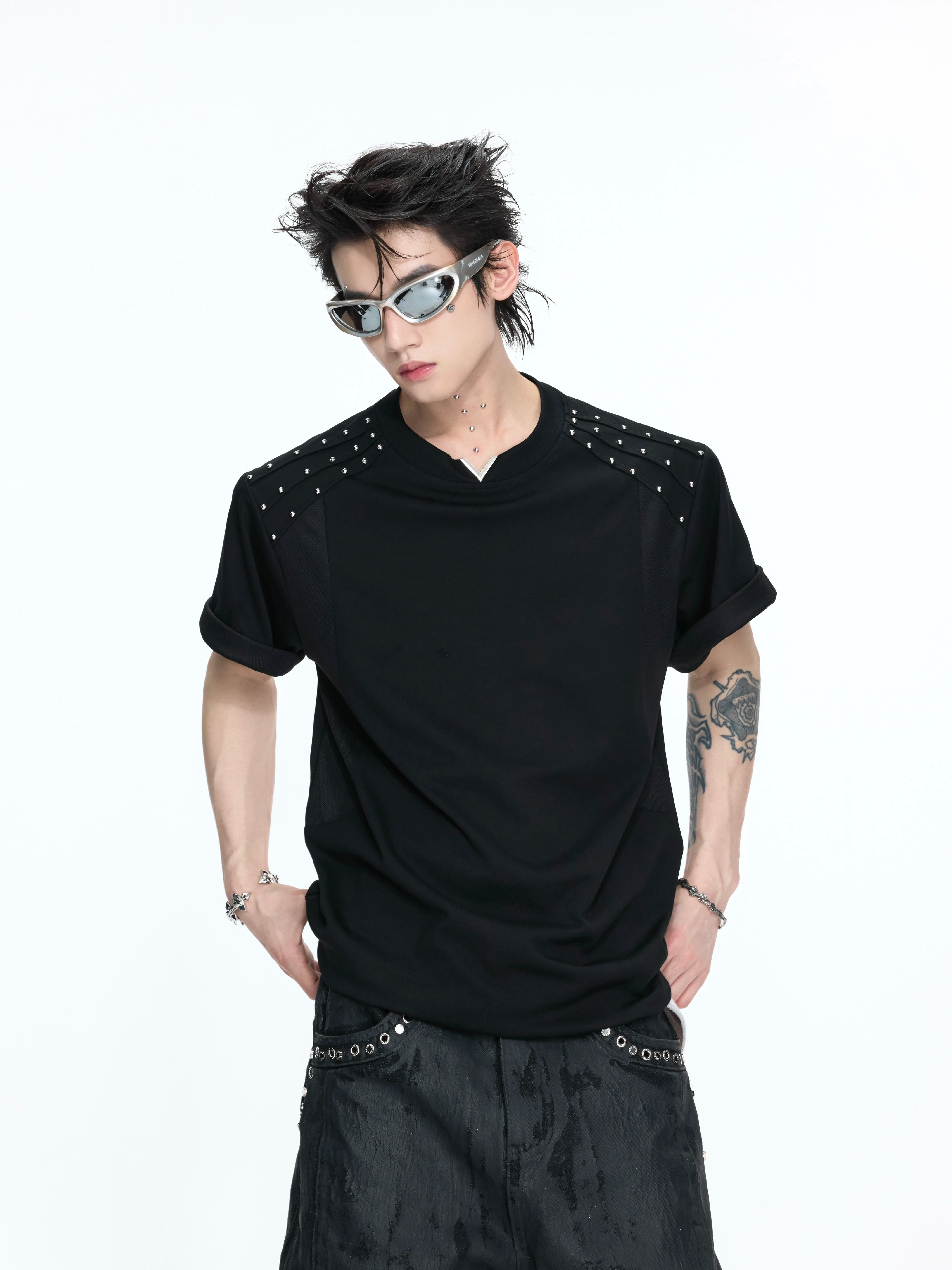 【26s May】Pleated Studded Boxy V-Neck Mesh Lined Tee