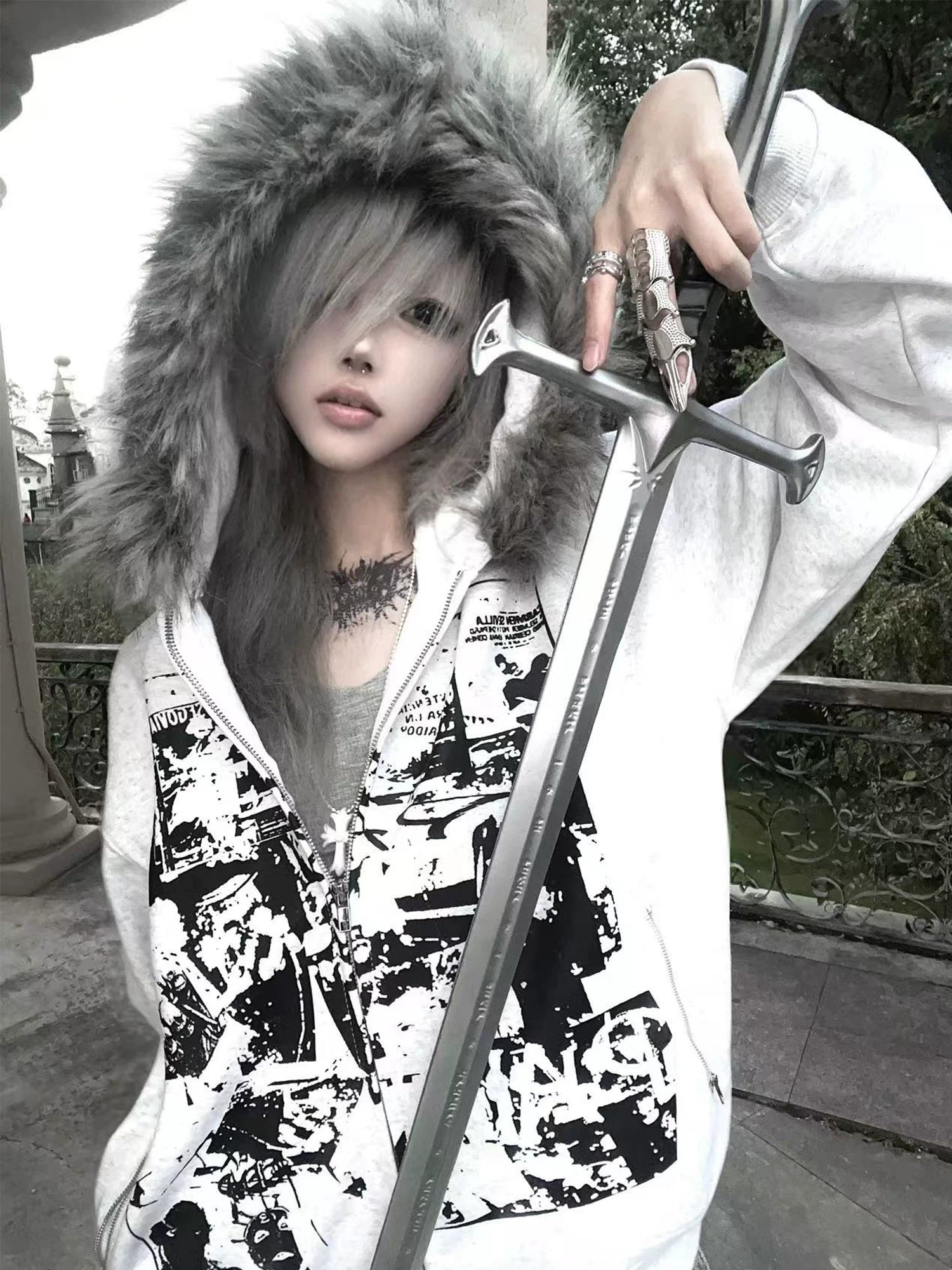 【26s Jan.】Vintage Printed Fur-Trim Zip-Up Hoodie Jacket