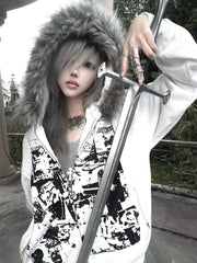 【26s Jan.】Vintage Printed Fur-Trim Zip-Up Hoodie Jacket