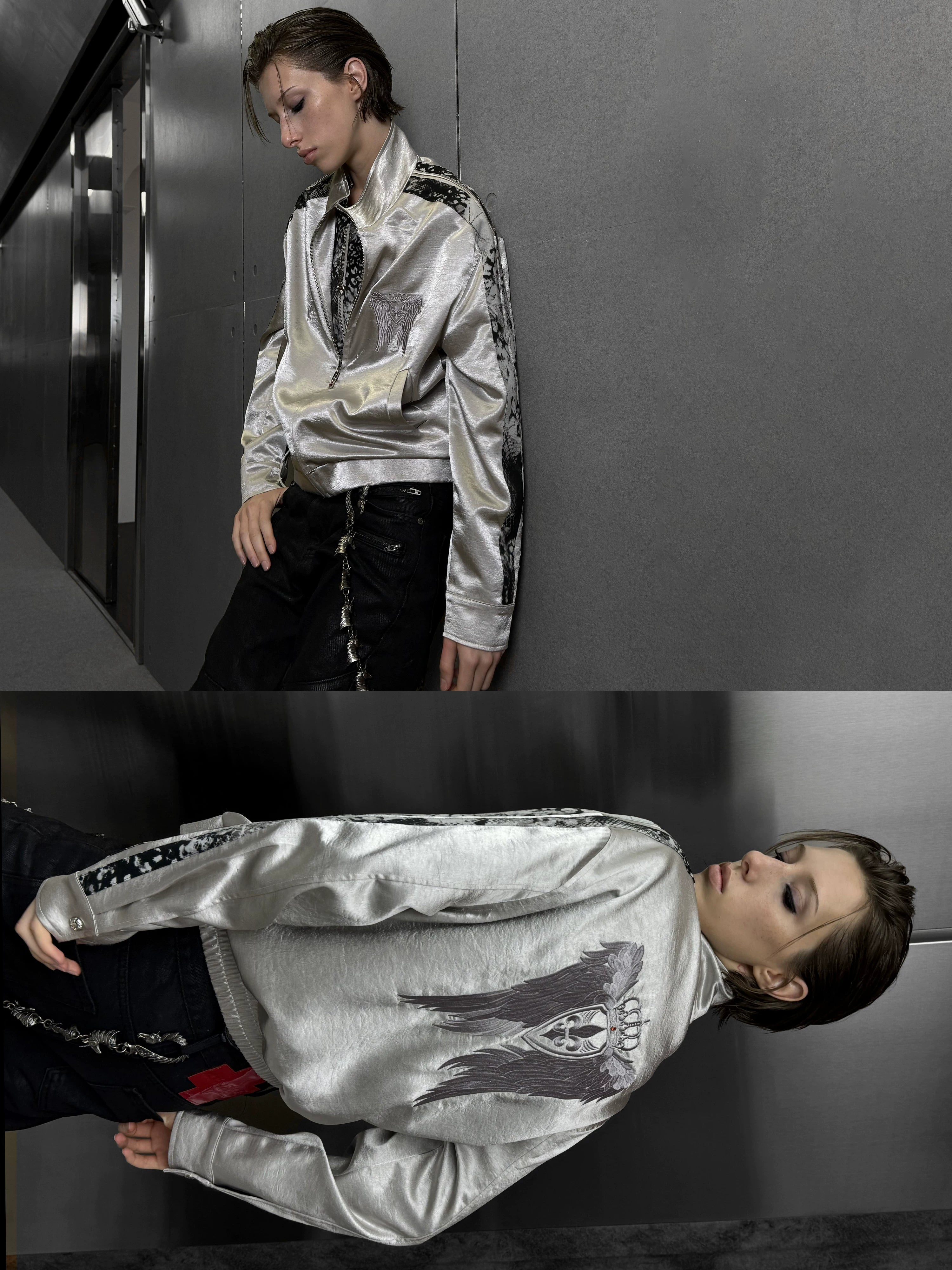 Broken Wing Satin Snake-Patterned Layered Stand Collar Jacket