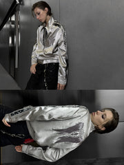 Broken Wing Satin Snake-Patterned Layered Stand Collar Jacket
